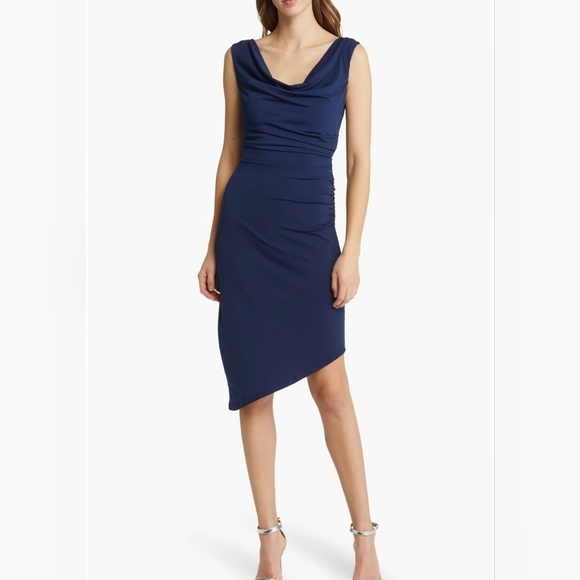 Sam Edelman Cowl Neck Ruched Jersey Midi Dress | Size LARGE Navy Blue - Picture 11 of 15